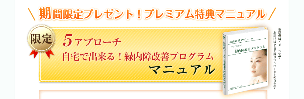 期間限定プレゼント！プレミアム特典マニュアル「【５アプローチ】自宅でできる！緑内障改善プログラム」マニュアル